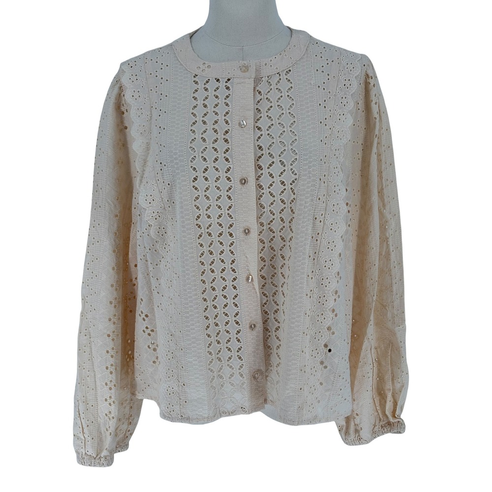 Joie Eyelet Lace Blouse Cream Ruffle Balloon Sleeve 100% Cotton XL